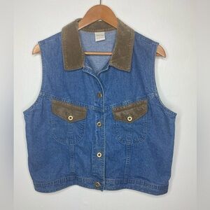 Cherokee Vintage Blue Denim Vest with Brown Collar Size L Western boho 90s